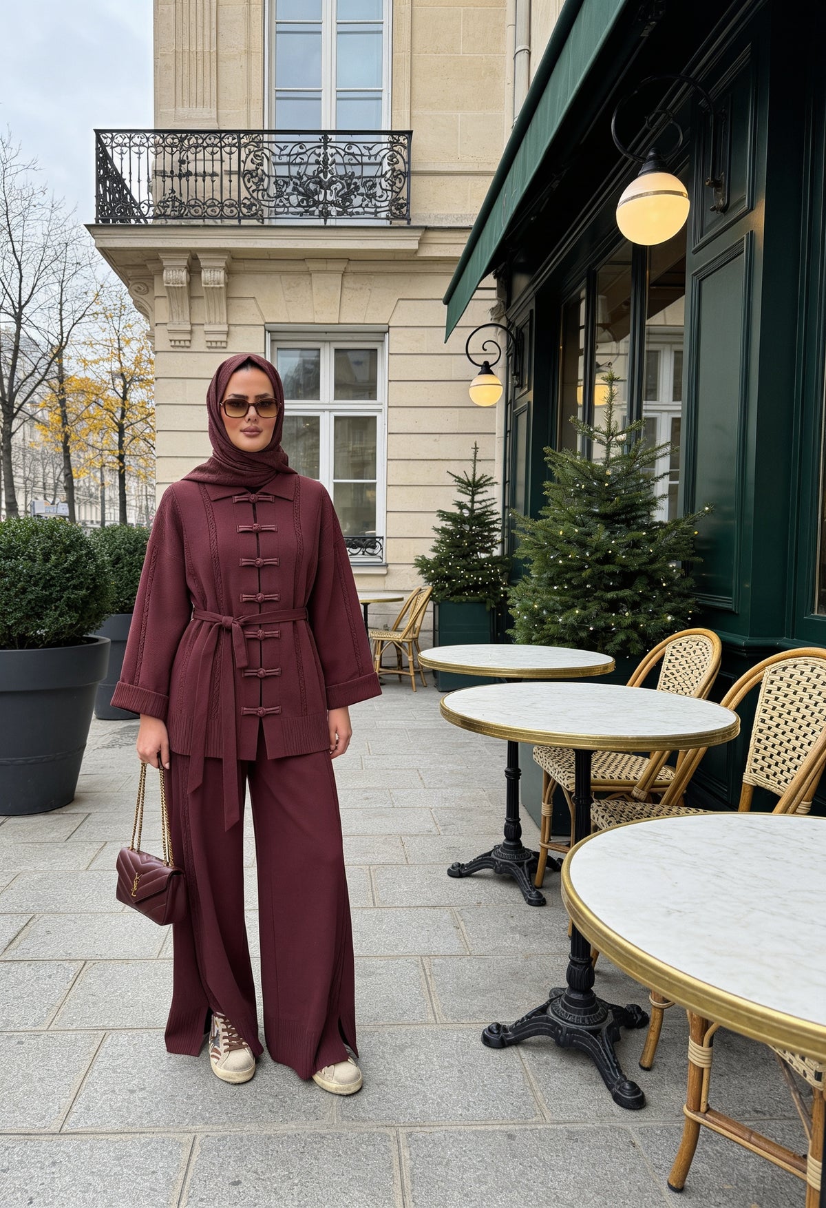Çin Düğme Detaylı Kuşaklı Triko İkili Takım Mürdüm