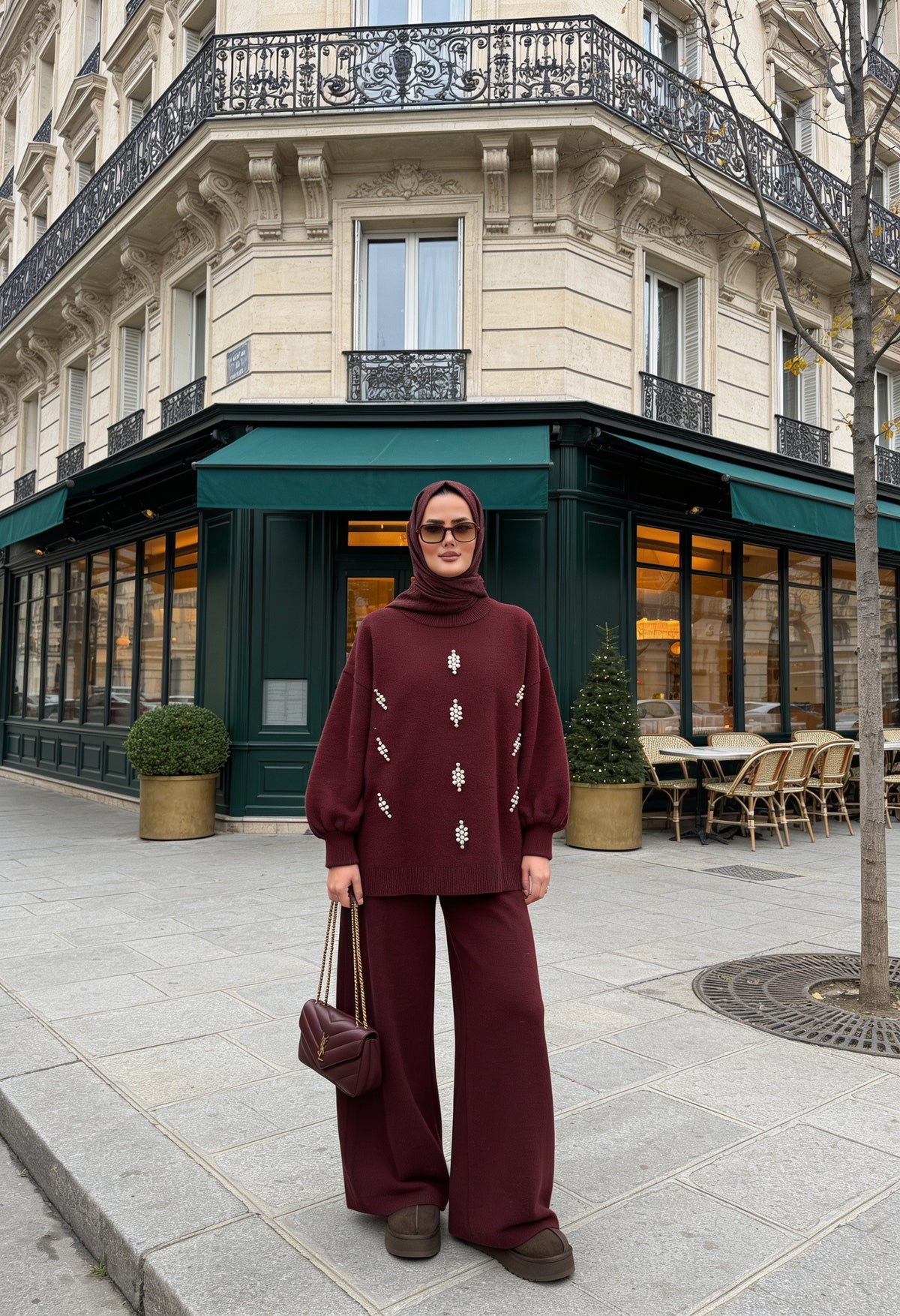 Taş Detaylı Balon Kol Triko Tunik Pantolon Takım Bordo