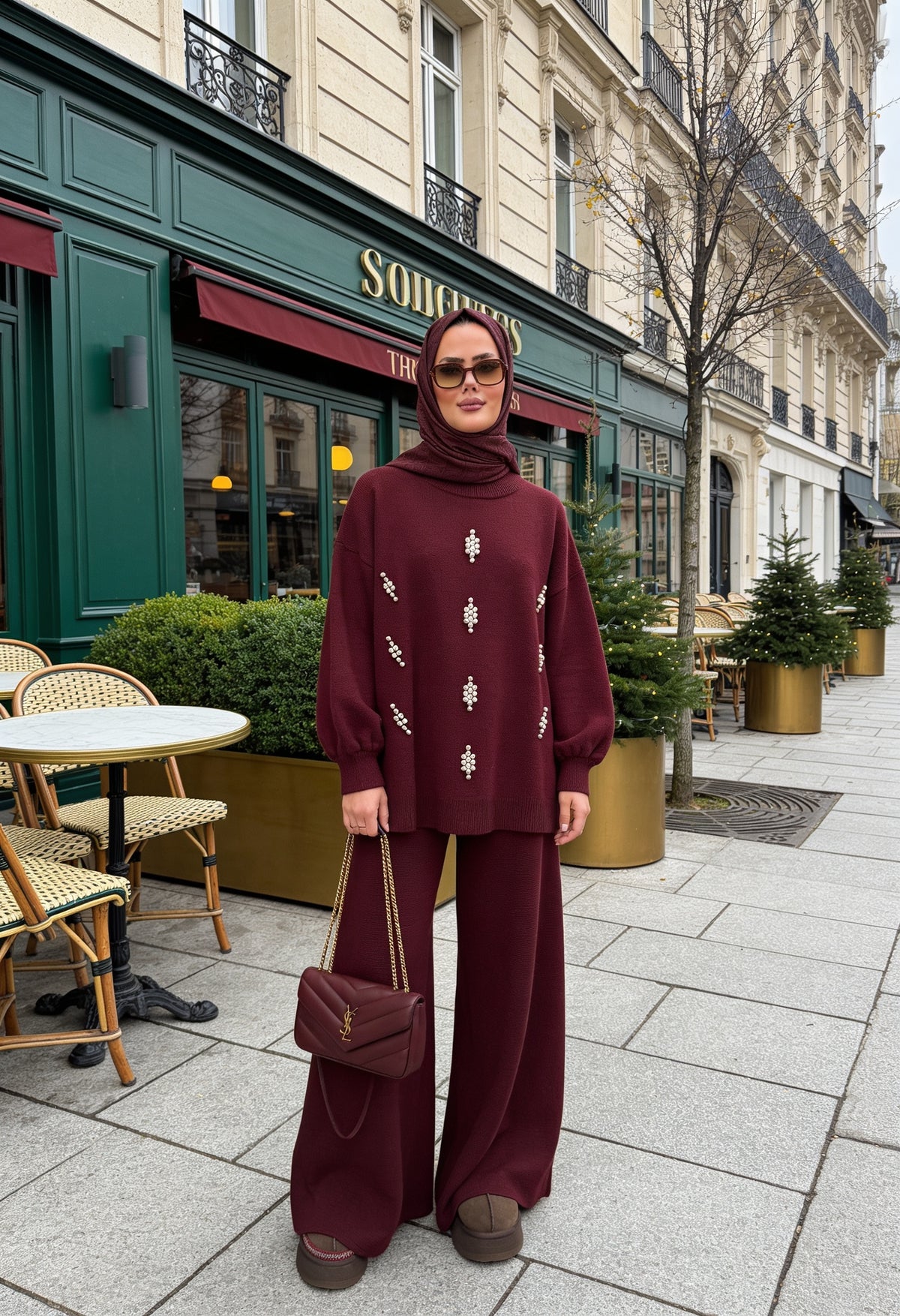 Taş Detaylı Balon Kol Triko Tunik Pantolon Takım Bordo