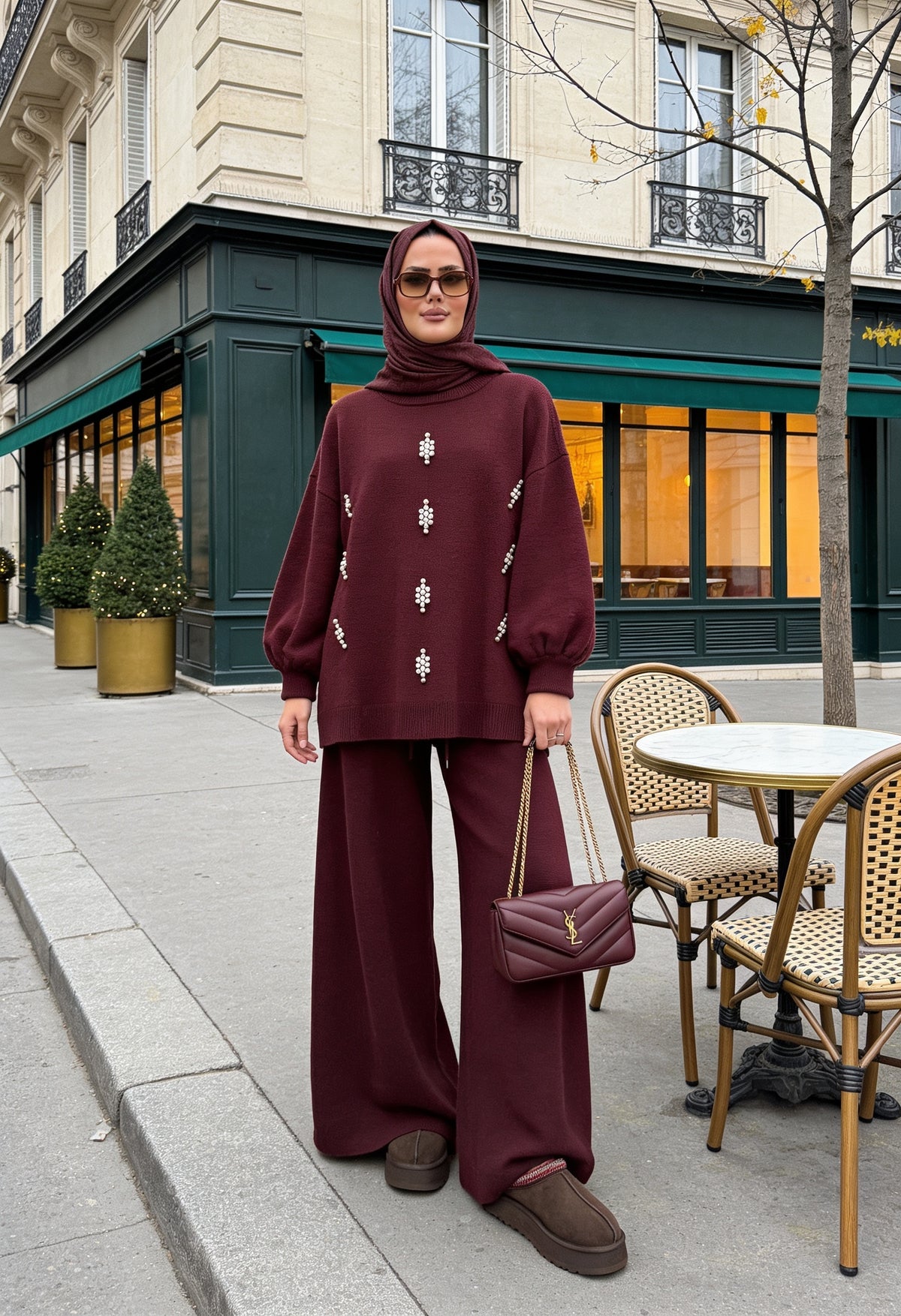 Taş Detaylı Balon Kol Triko Tunik Pantolon Takım Bordo
