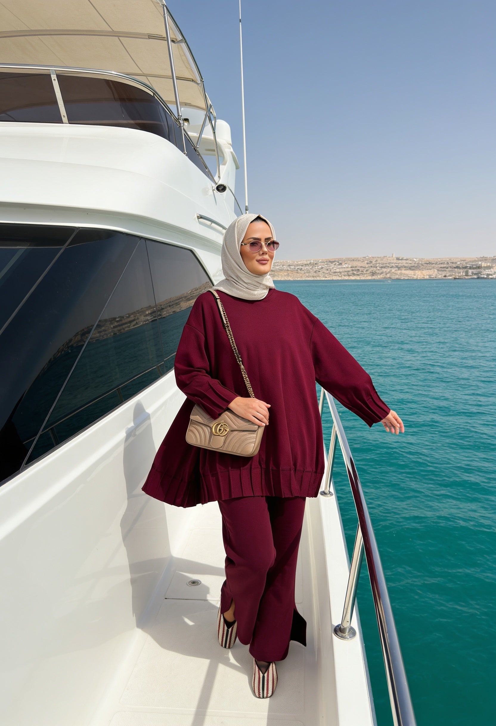 Alisa Pileli Premium Modal Kumaş Tesettür İkili Takım – Bordo