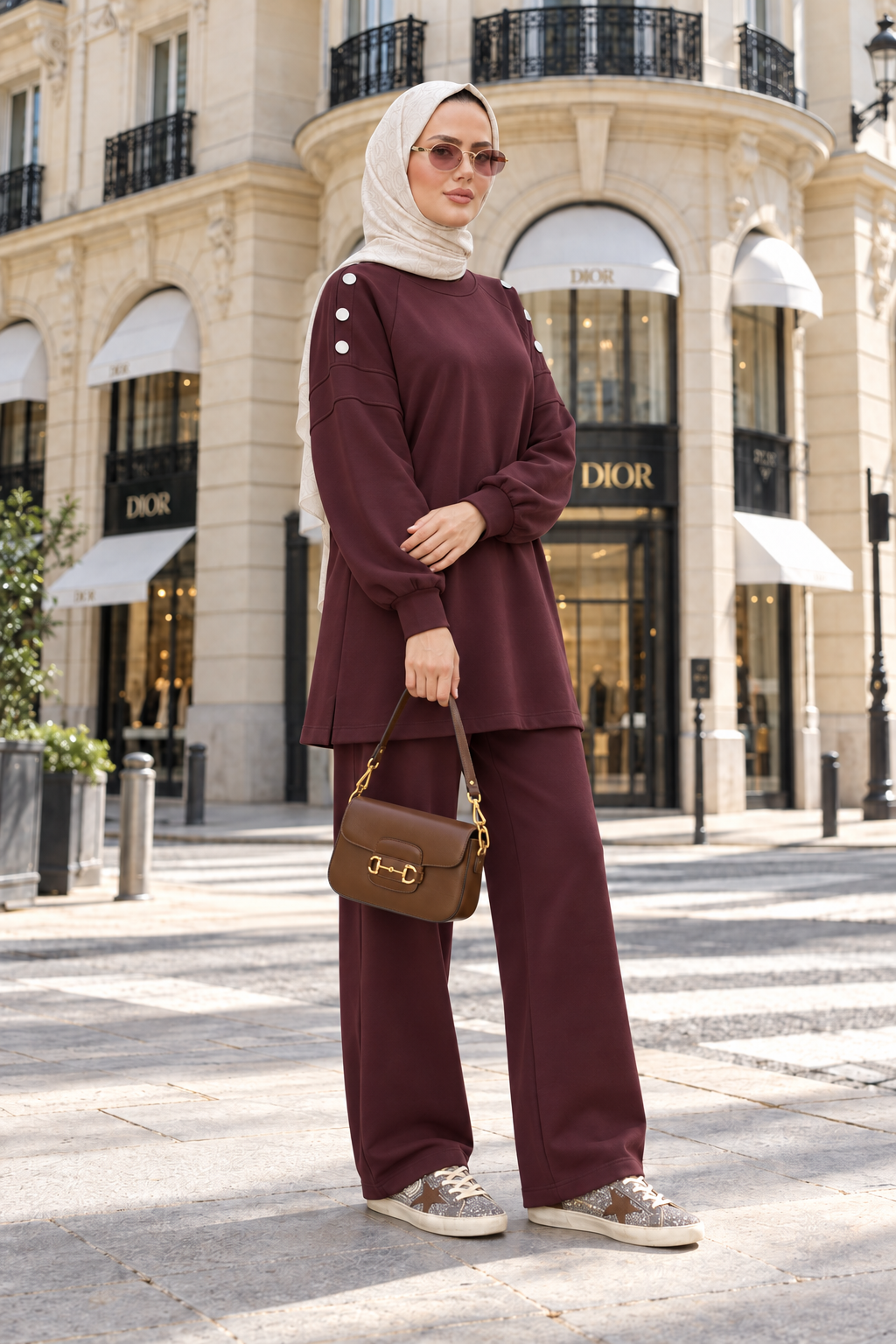 Mira Omuz Düğmeli Oversize Modal Pantolonlu Takım Bordo