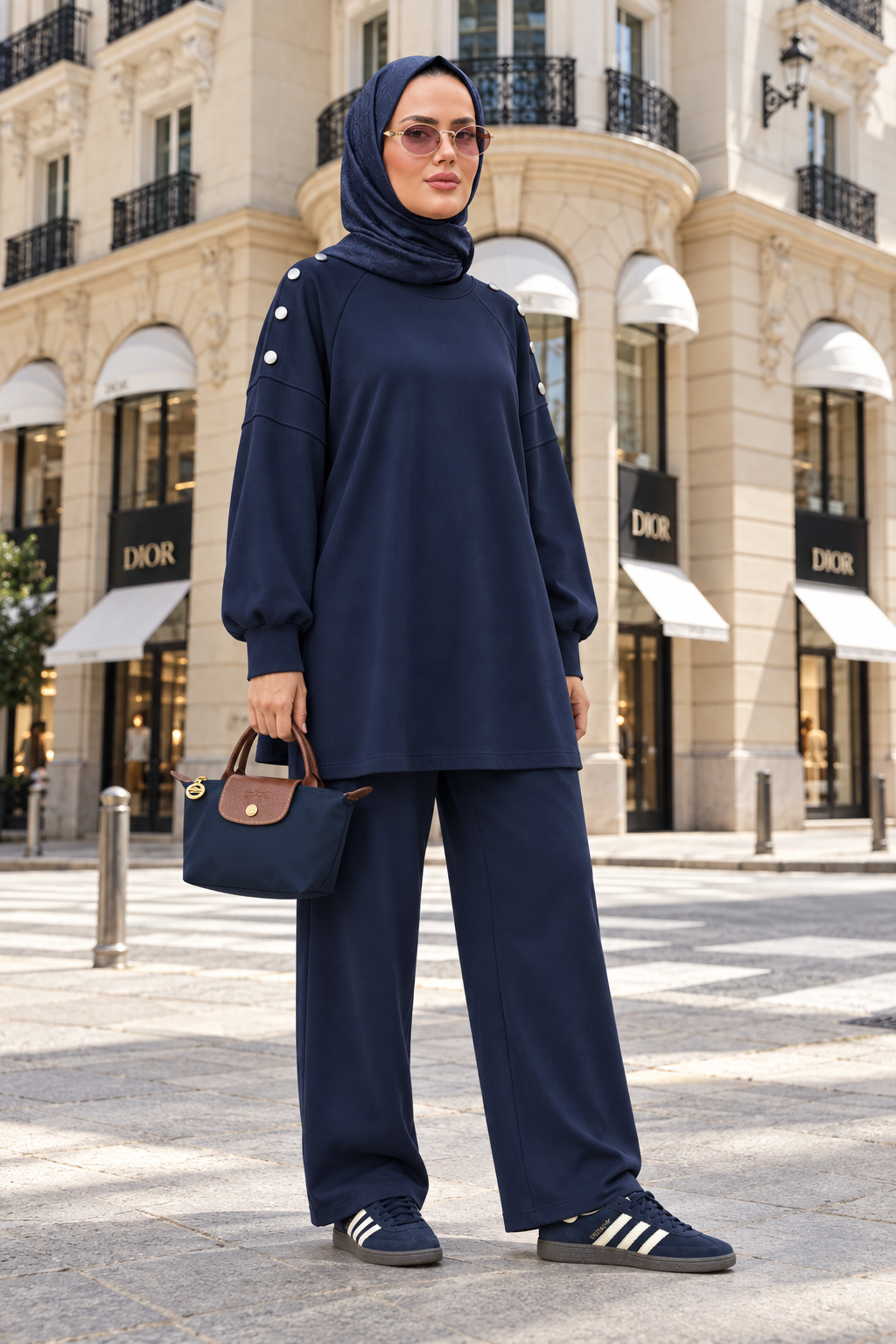 Mira Omuz Düğmeli Oversize Modal Pantolonlu Takım Lacivert