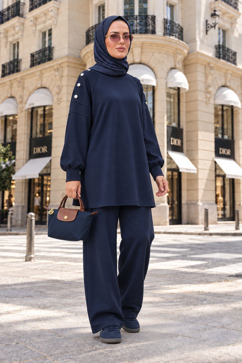 Mira Omuz Düğmeli Oversize Modal Pantolonlu Takım Lacivert