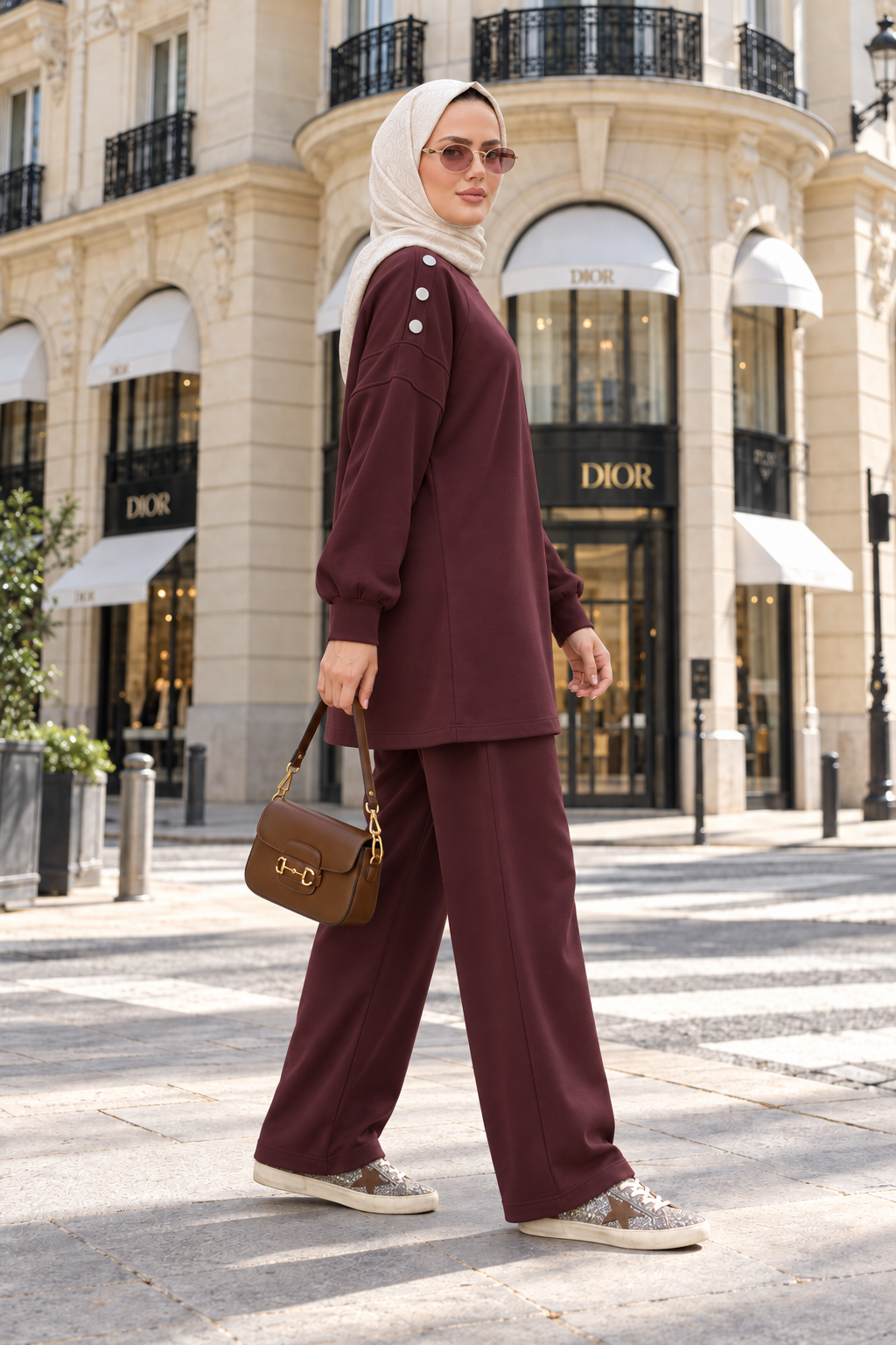 Mira Omuz Düğmeli Oversize Modal Pantolonlu Takım Bordo