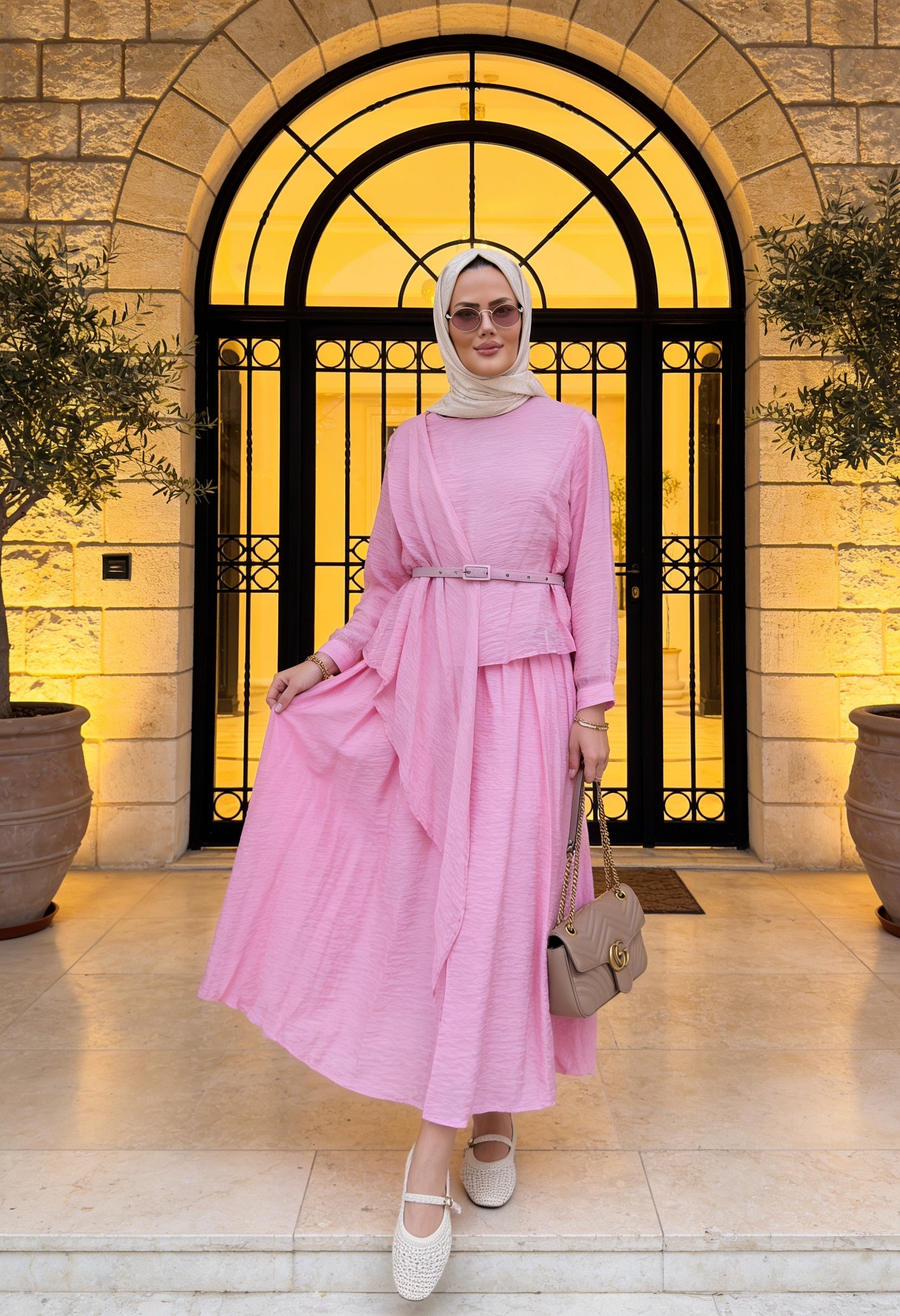 Pamuklu Astarlı Kemerli Şal Detay Etekli Takım Pembe