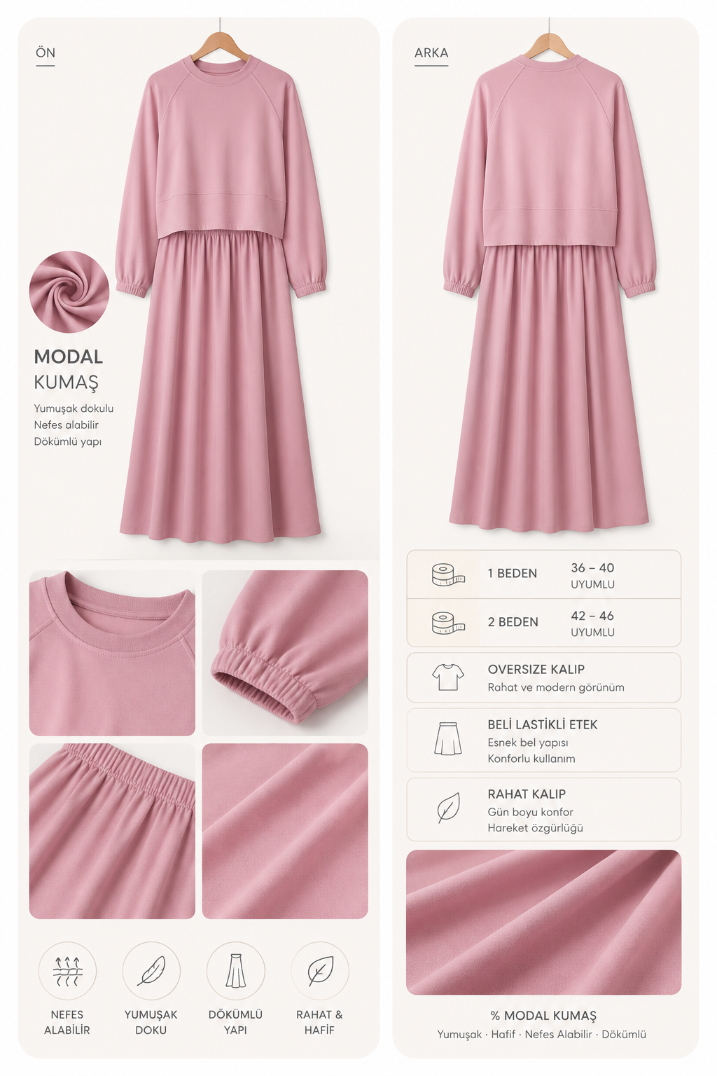 Mihra Modal Kumaş Oversize Etekli Takım – Pembe