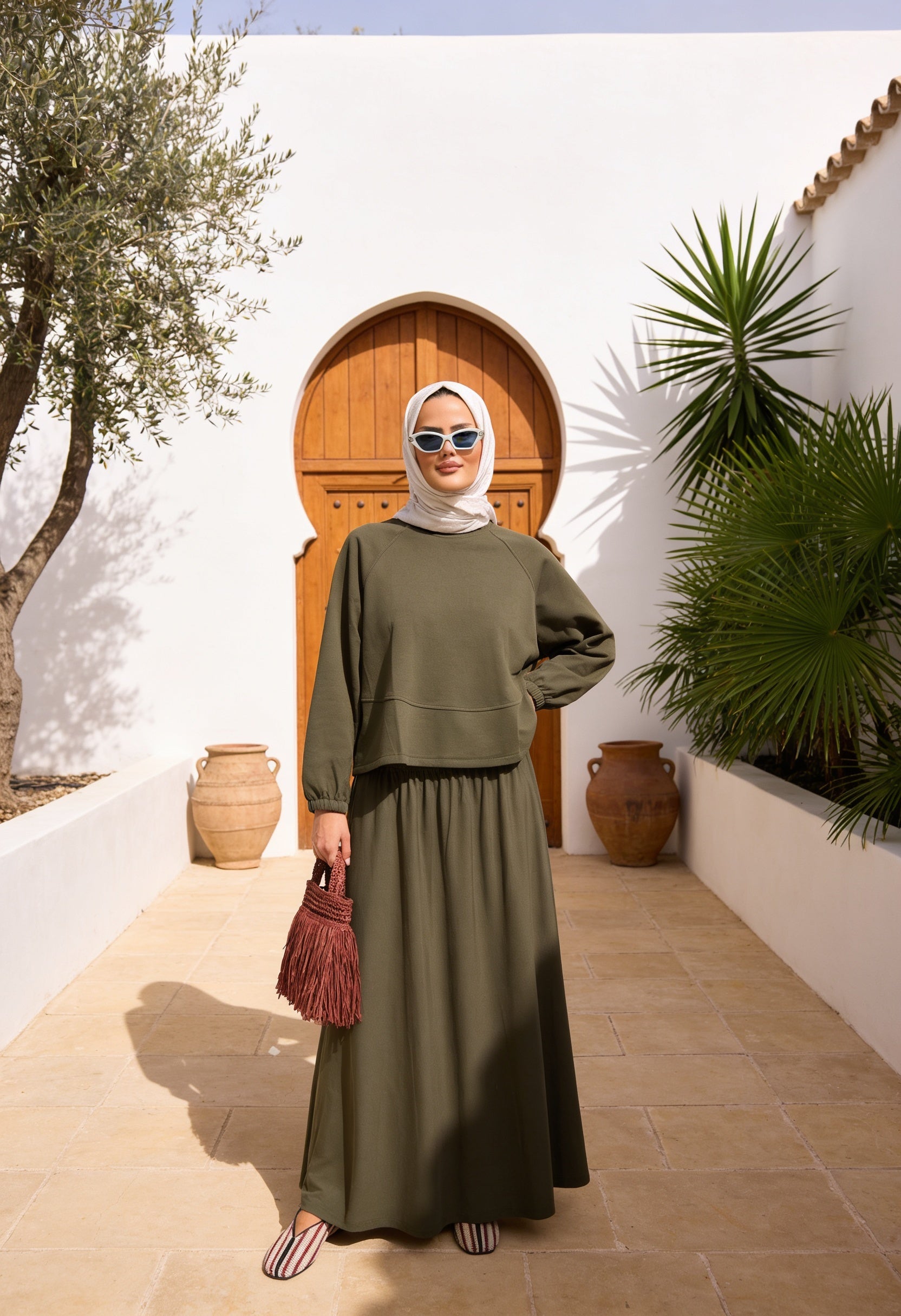 Mihra Modal Kumaş Oversize Etekli Takım Hakiyeşil
