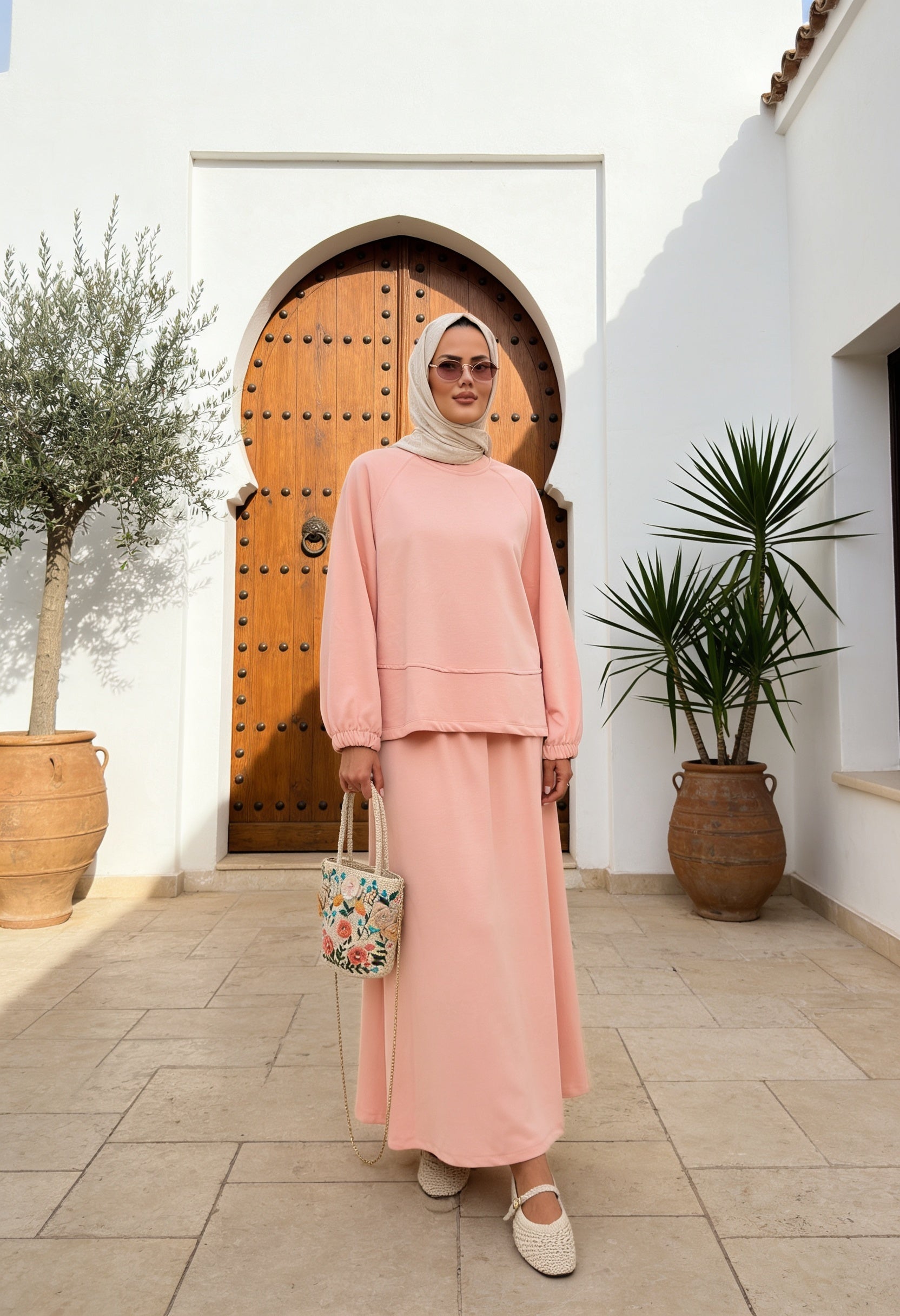 Mihra Modal Kumaş Oversize Etekli Takım Şeftali Pudra