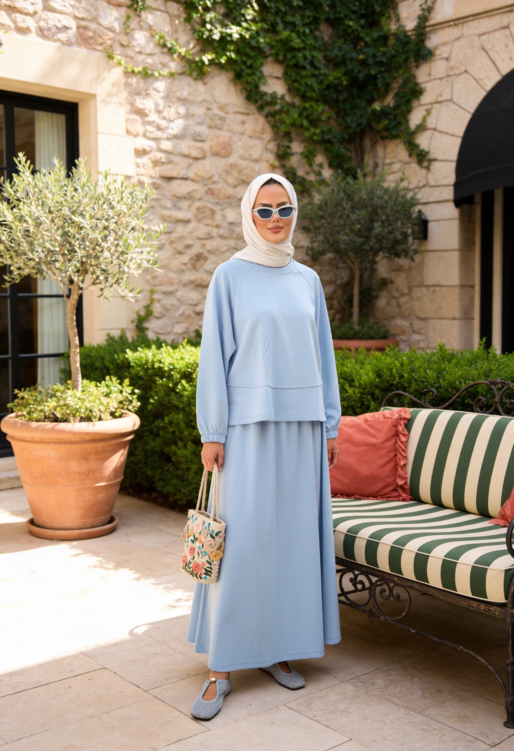 Mihra Modal Kumaş Oversize Etekli Takım Açıkmavi