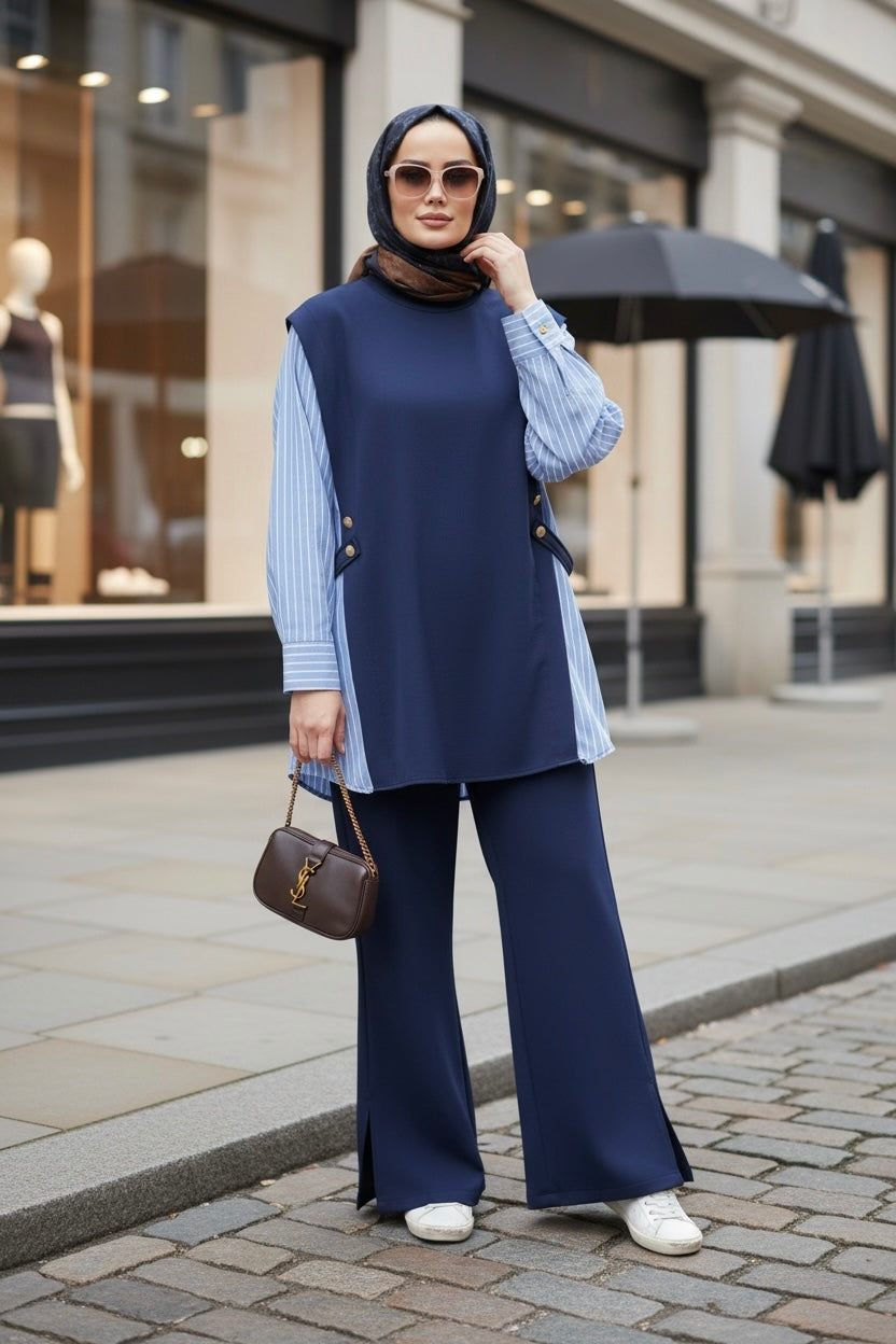 Liora Women's Modest Two-Piece Set – Cotton Two-Thread Shirt Detail-Navy Blue
