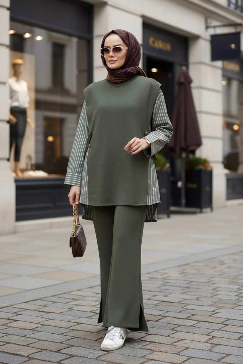Liora Women's Modest Two-Piece Set – Cotton Two-Thread Shirt Detailed - Khaki Green