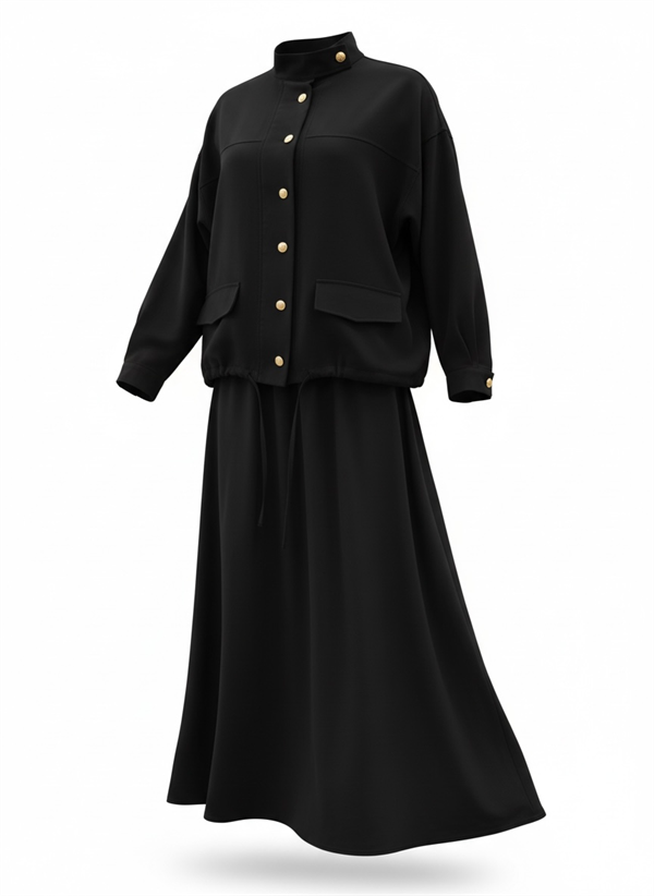 Düğmeli Gold Tensel Set-Tesettür Etekli Takım –Siyah