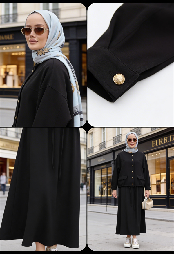 Düğmeli Gold Tensel Set-Tesettür Etekli Takım –Siyah