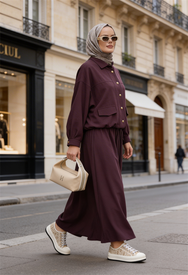 Düğmeli Gold Tensel Set-Tesettür Etekli Takım –Bordo