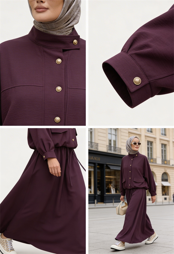 Düğmeli Gold Tensel Set-Tesettür Etekli Takım –Bordo