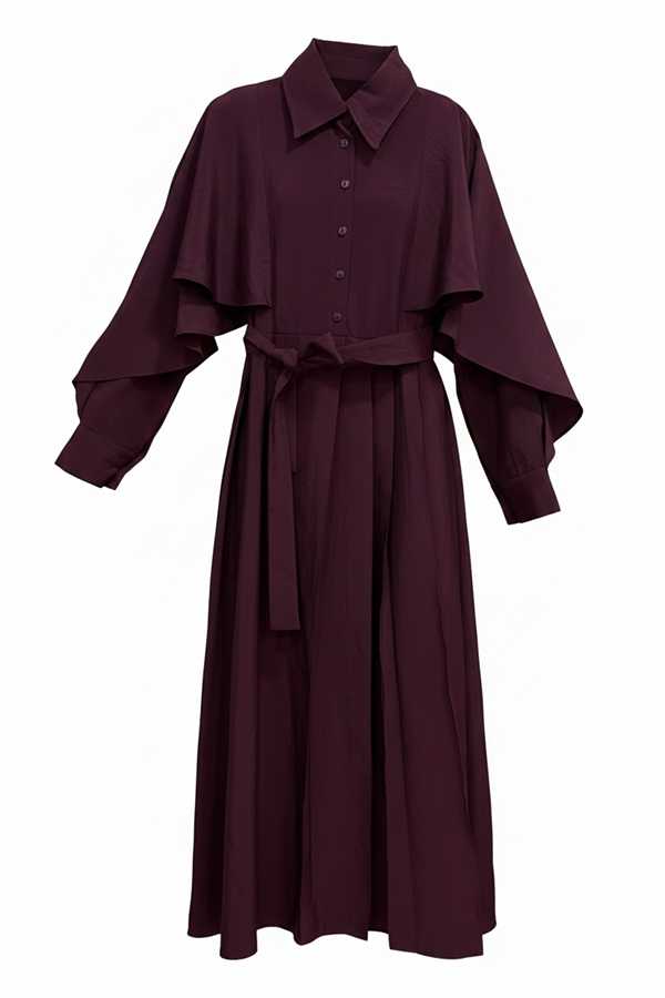 Aurelia Pelerin Detaylı Tencel Elbise – Mürdüm