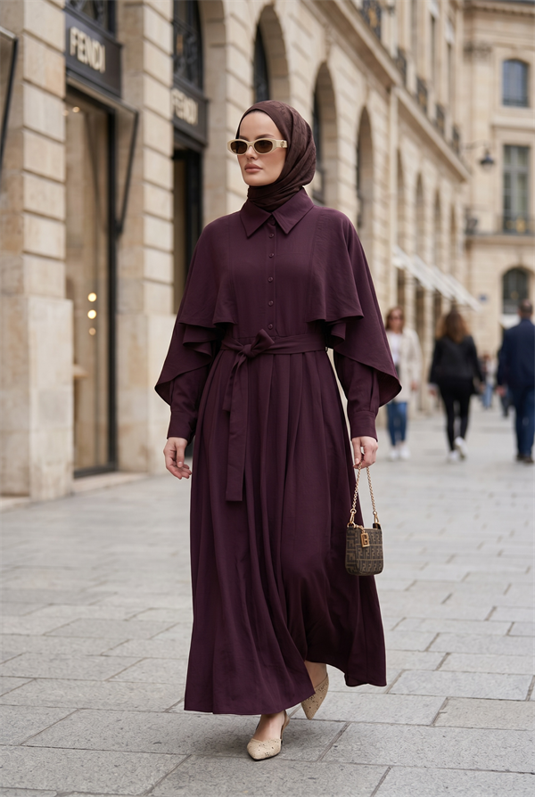 Aurelia Pelerin Detaylı Tencel Elbise – Mürdüm