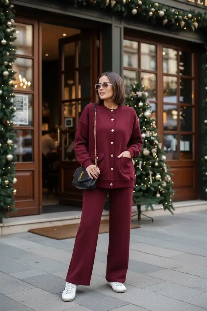 Oslo Thessaloniki Fabric Cardigan Two-Piece Set – Oversized Fit – Winter Modest Set Burgundy