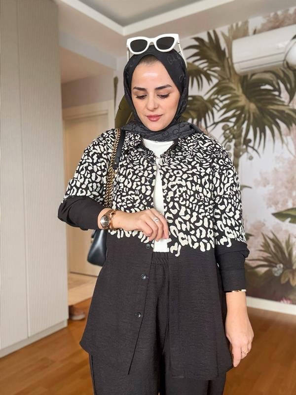 Gömlek Leopar Baskı Pamuklu İkili Takım Siyah