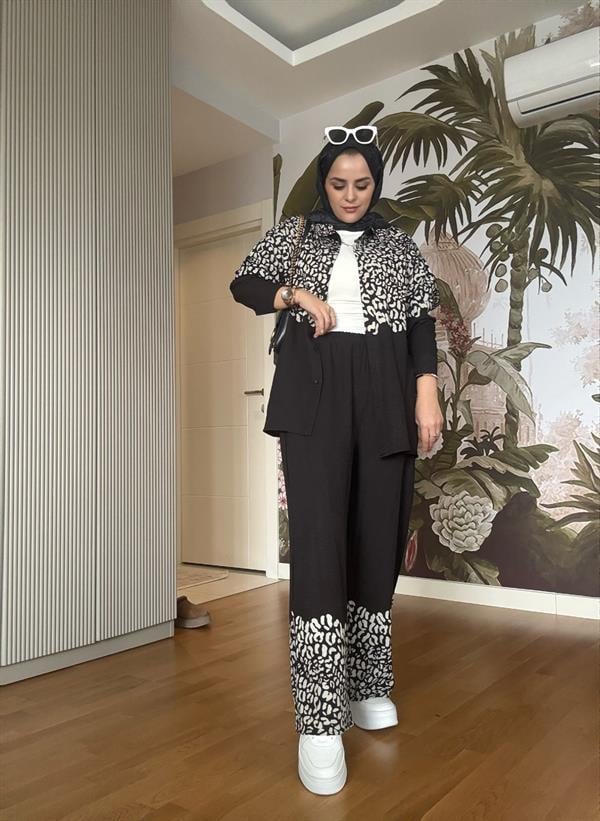 Gömlek Leopar Baskı Pamuklu İkili Takım Siyah