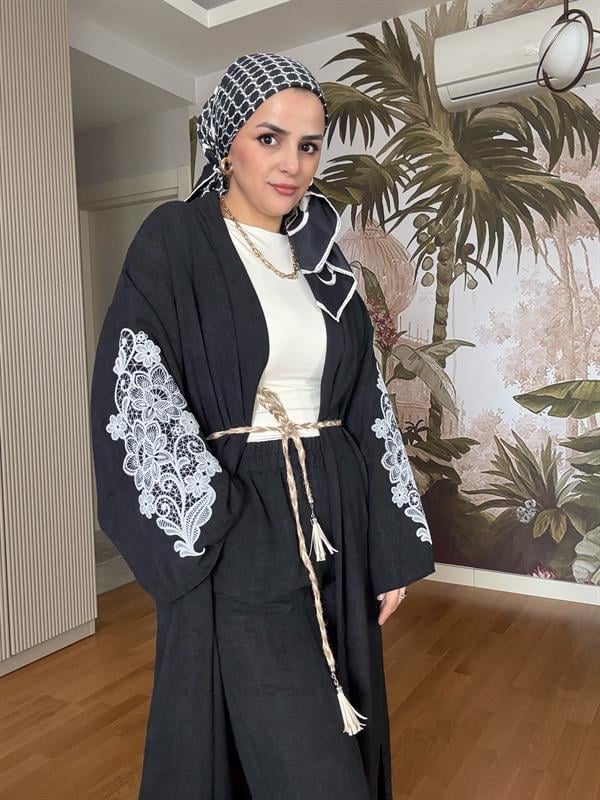 Kimona Pamuklu Kemerli Tunik Takım Siyah