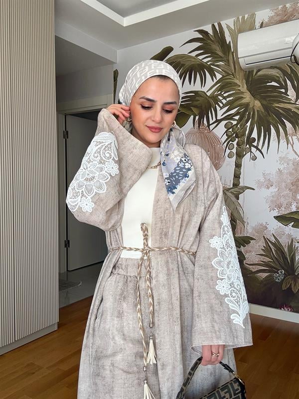 Kimona Pamuklu Kemerli Tunik Takım Bej