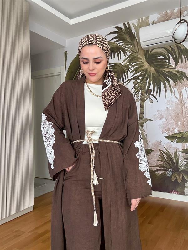 Kimona Pamuklu Kemerli Tunik Takım Acıkahve