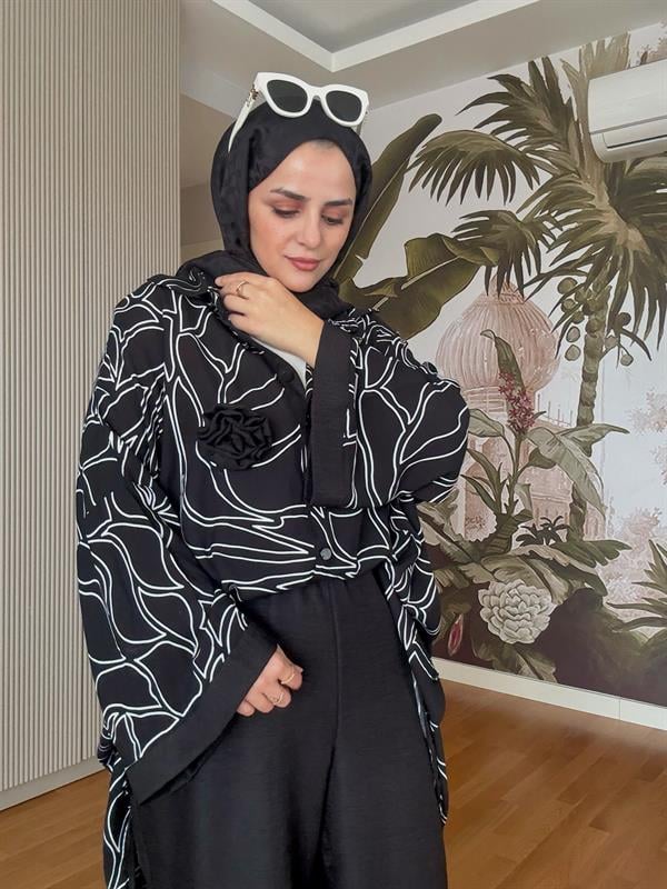 Kimona Gömlek Çiçek Broşlu Pamuk Keten Takım Siyah