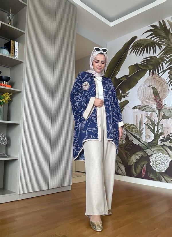 Kimona Gömlek Çiçek Broşlu Pamuk Keten Takım Bej