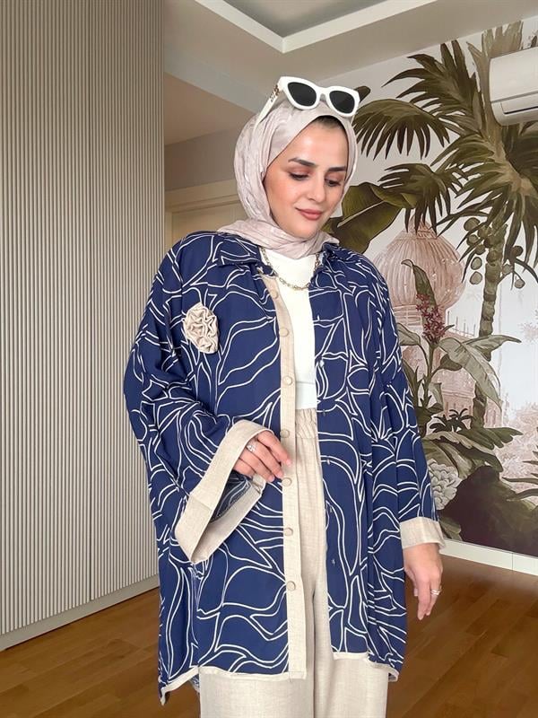 Kimona Gömlek Çiçek Broşlu Pamuk Keten Takım Bej