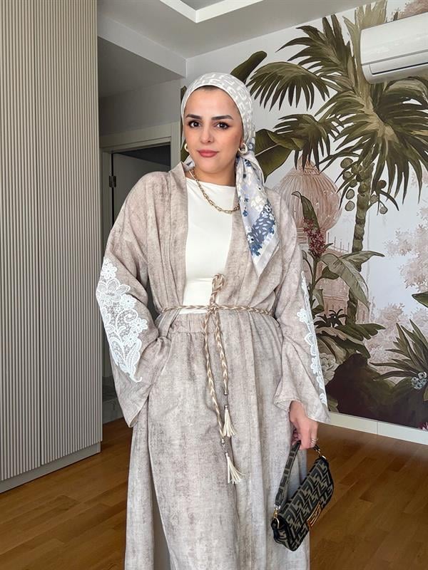 Kimona Pamuklu Kemerli Tunik Takım Bej
