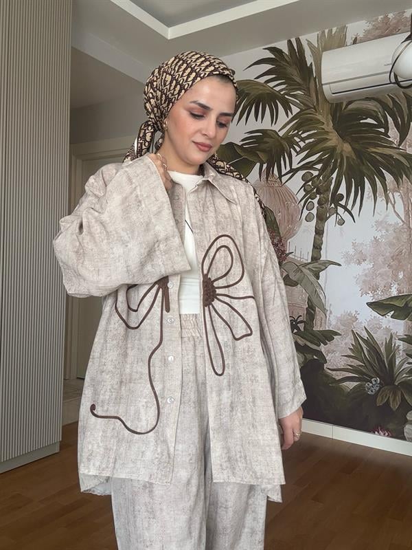 Kolyeli Pamuklu Desenli Kimona Gömlek Takım Bej