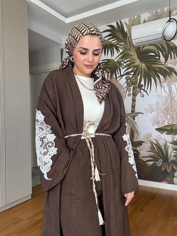 Kimona Pamuklu Kemerli Tunik Takım Acıkahve