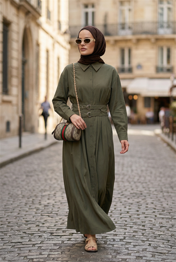Elara Çift Kemerli Tencel Elbise-Hakiyeşil