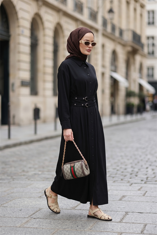 Elara Çift Kemerli Tencel Elbise-Siyah