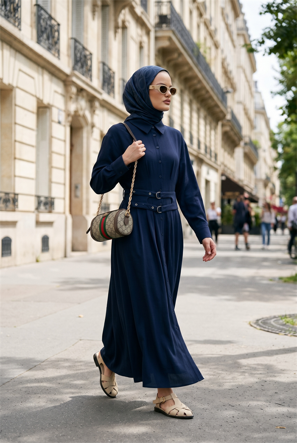 Elara Çift Kemerli Tencel Elbise-Lacivert