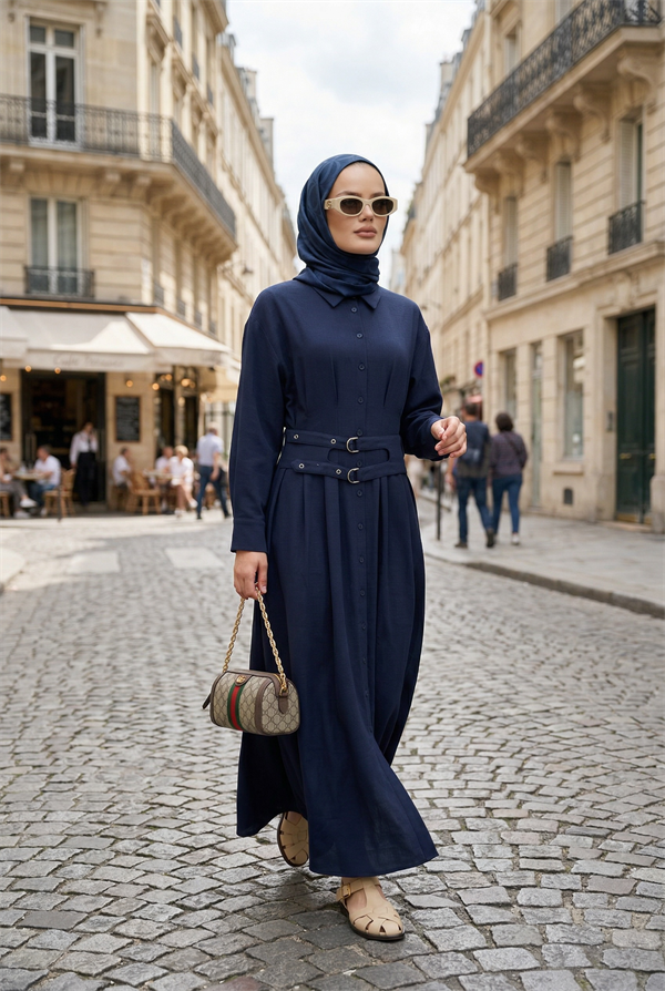 Elara Çift Kemerli Tencel Elbise-Lacivert