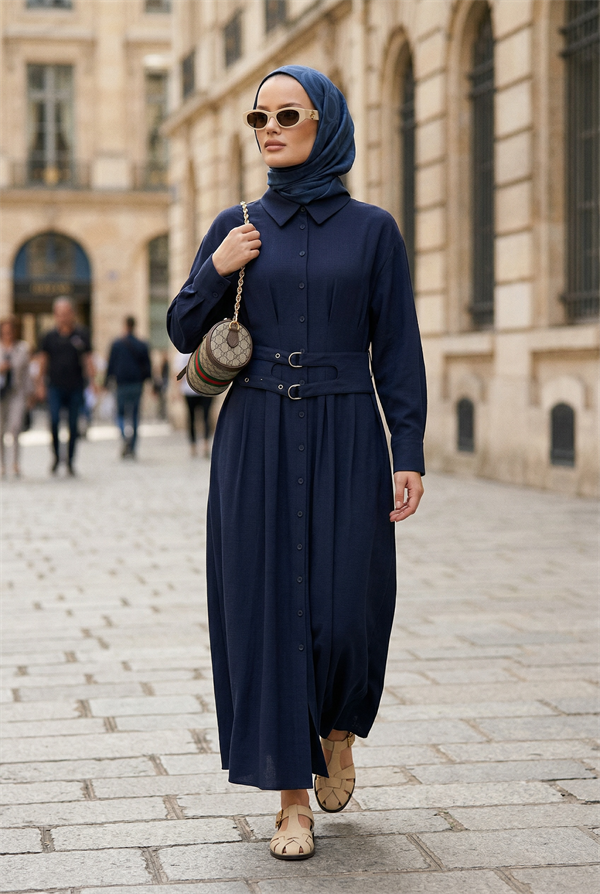 Elara Çift Kemerli Tencel Elbise-Lacivert