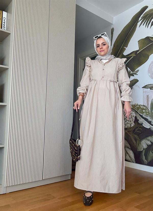 Çizgili Gömlek Elbise Robalı Düğmeli Bej