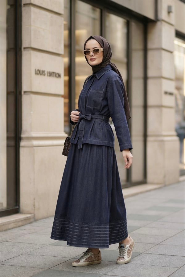 Viera Tensel Denim Görünümlü Etek Takım Mavi