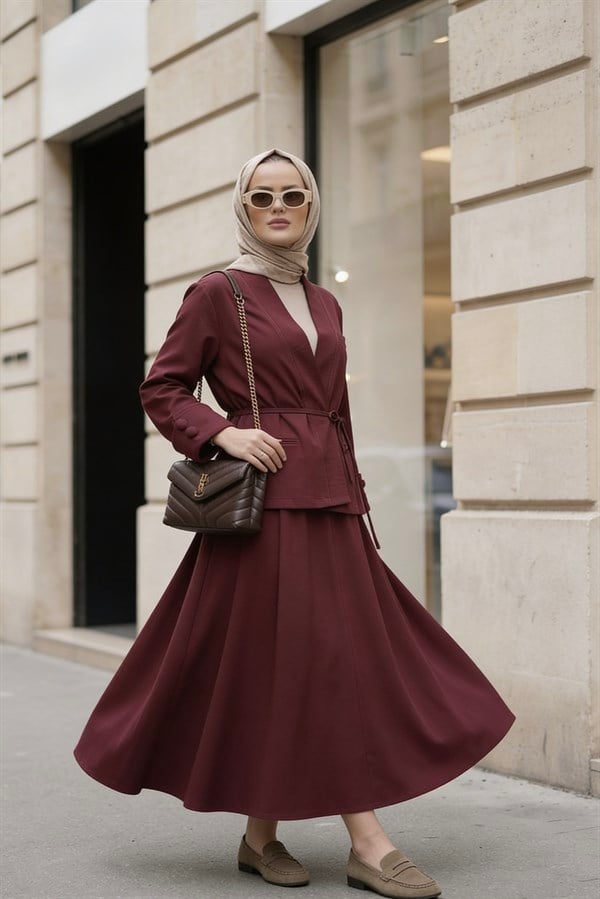Valencia Premium Dokulu Ceket Etek Takım Bordo