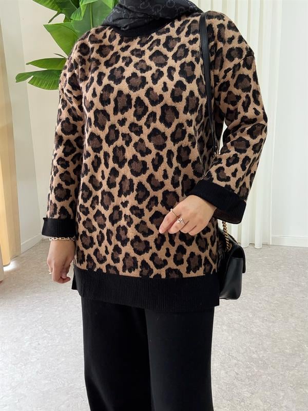 Leopar Desen Kışlık İkili Triko Takım Kahve