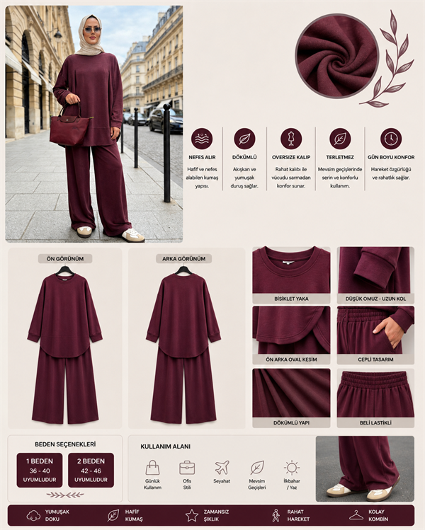 Pike Modal Oversize Pantolonlu Takım - Mürdüm