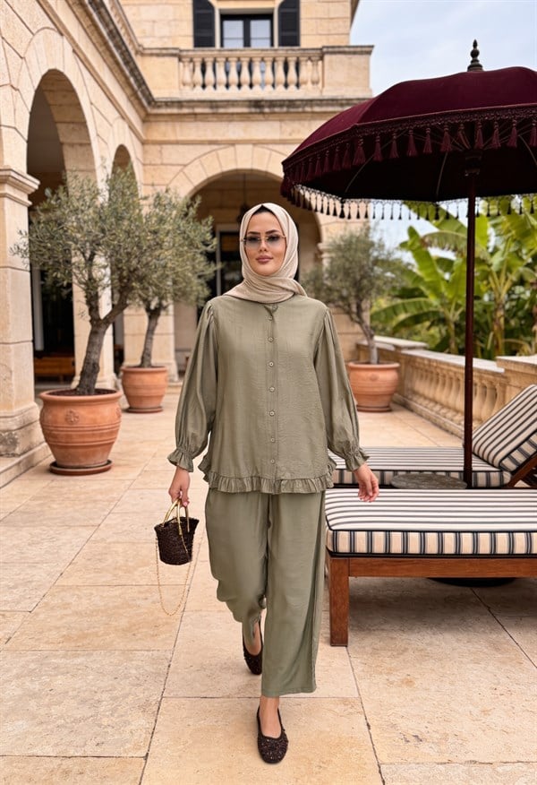 Lavin Çilek Kumaş Fırfırlı Oversize Pantolonlu Takım-Haki