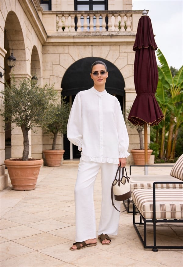 Lavin Çilek Kumaş Fırfırlı Oversize Pantolonlu Takım-Ekru