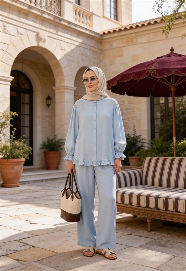 Lavin Çilek Kumaş Fırfırlı Oversize Pantolonlu Takım-Mavi