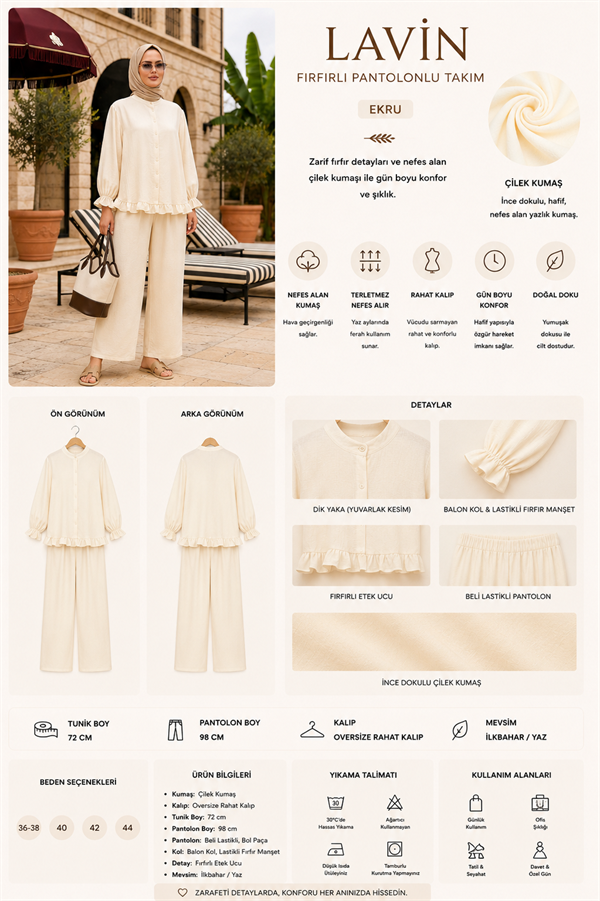 Lavin Çilek Kumaş Fırfırlı Oversize Pantolonlu Takım-Ekru