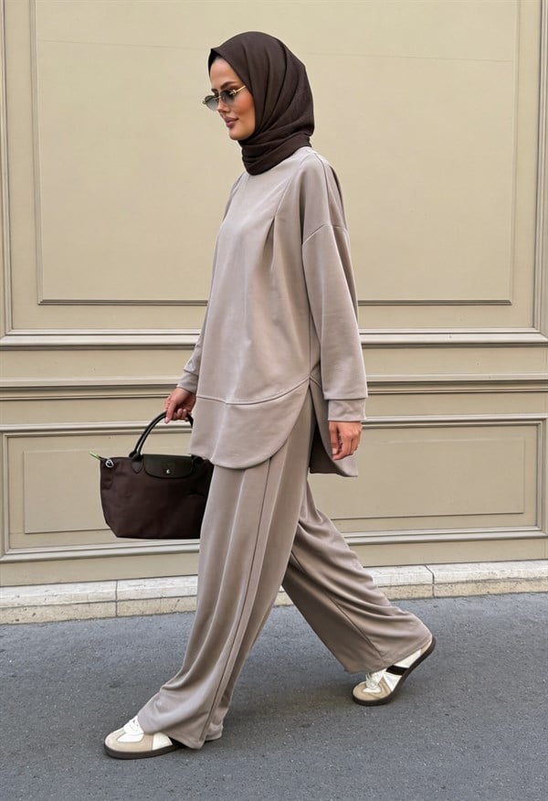 Pike Modal Oversize Pantolonlu Takım - Bej