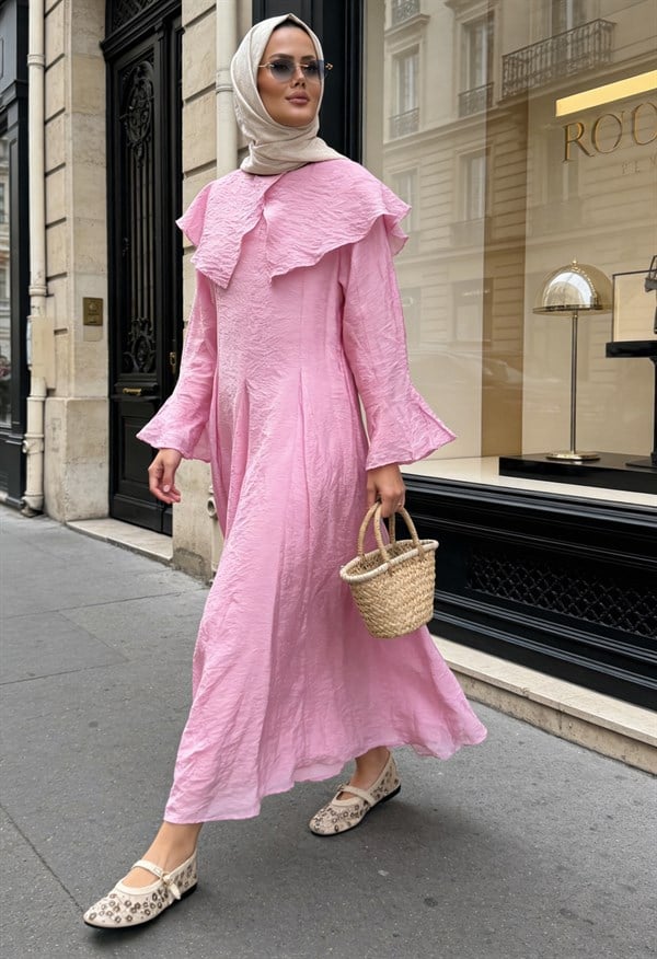 Romantik Pamuk Vual Astarlı Elbise - Pembe